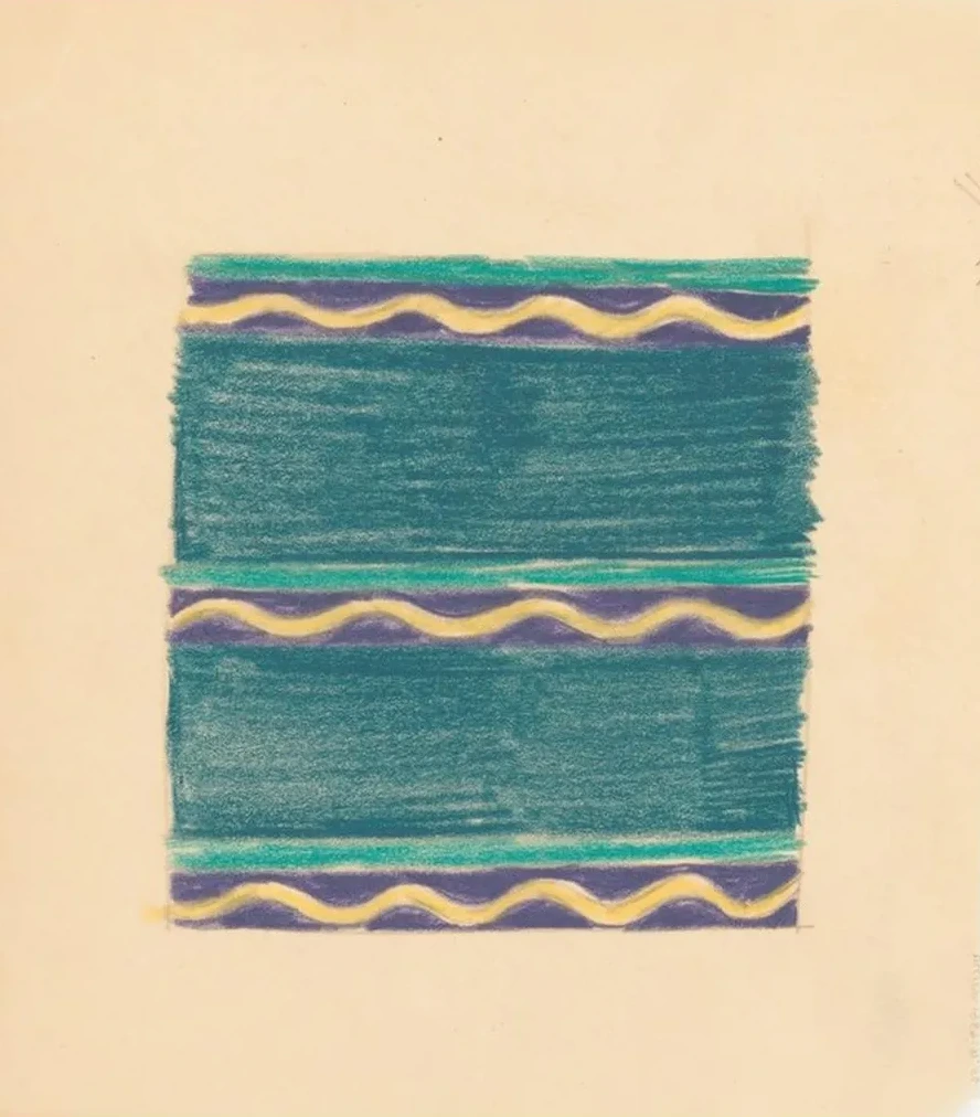 Miscellaneous Small Sketches for Inlaid Table Tops. Design with Green Lines and Yellow Wave Motif