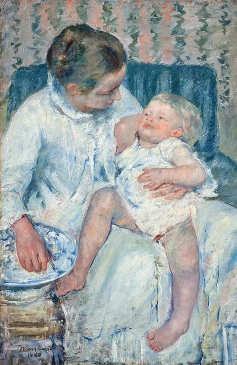Mother About to Wash Her Sleepy Child