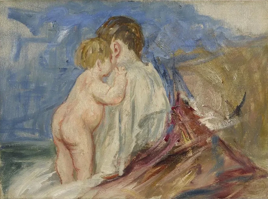 Mother Seated with Baby Standing Next to Her in a Landscape