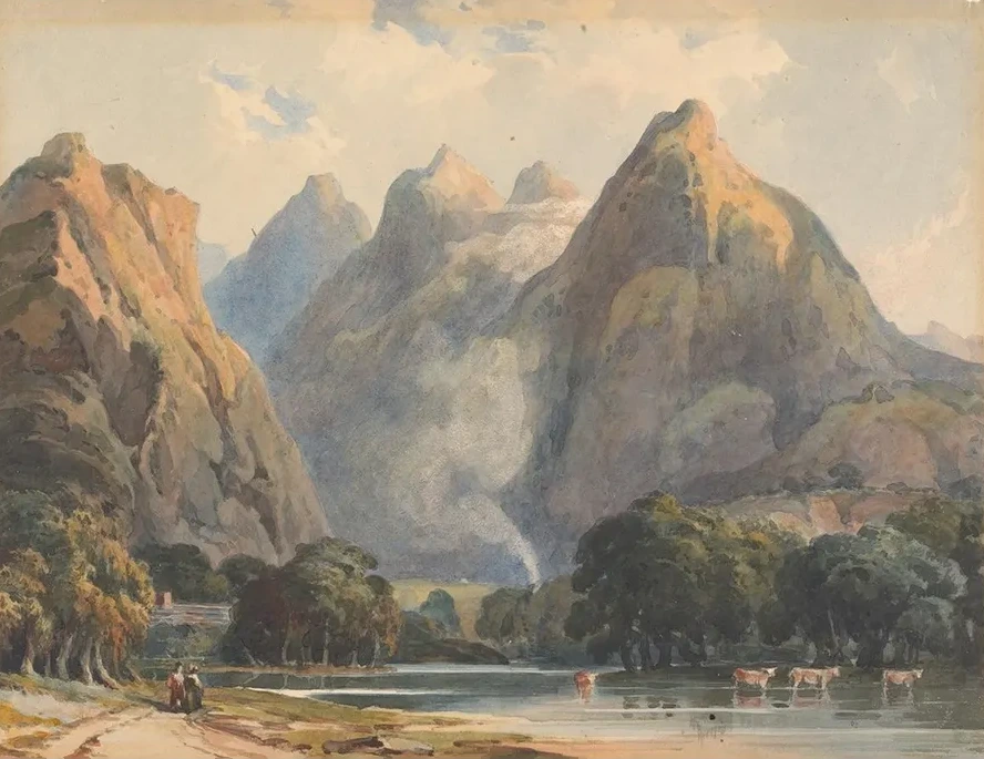 Mountain Scene with Stream, Cows and Figures