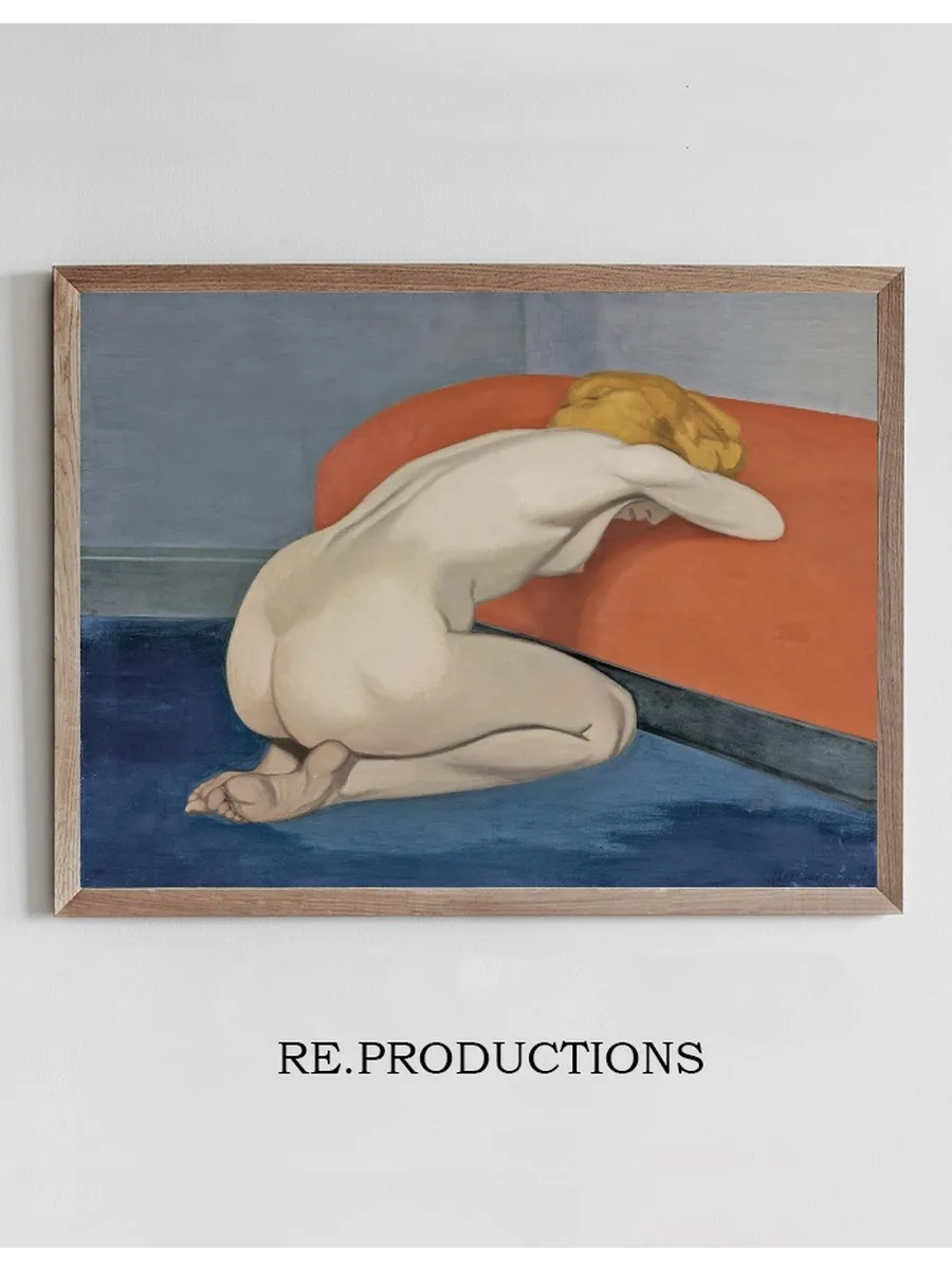 Naked Woman Kneeling In Front of a RedCouch