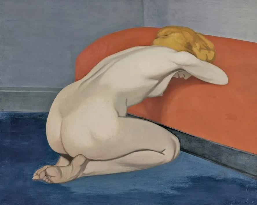 Naked Woman Kneeling In Front of a RedCouch