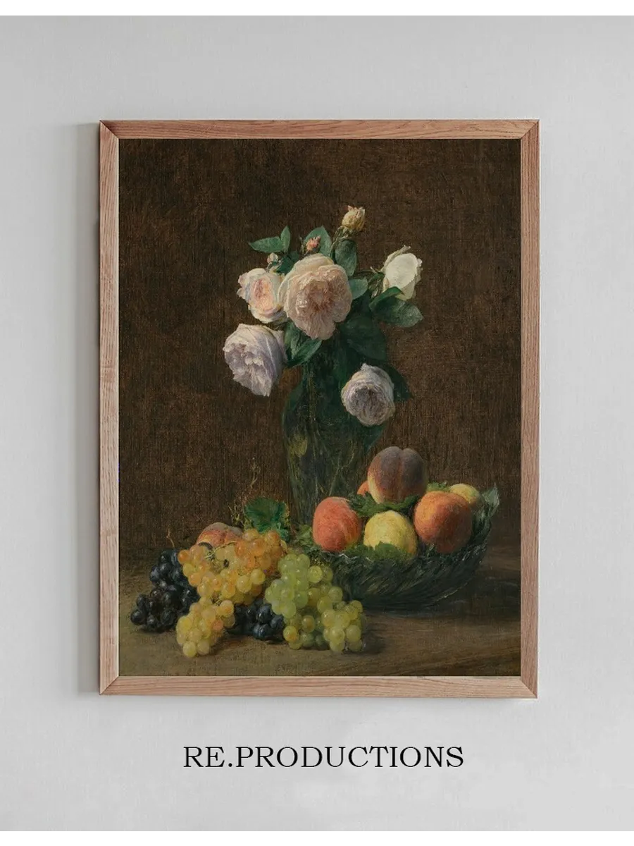 Nature Morte Vase De Roses, P ches Et Raisins