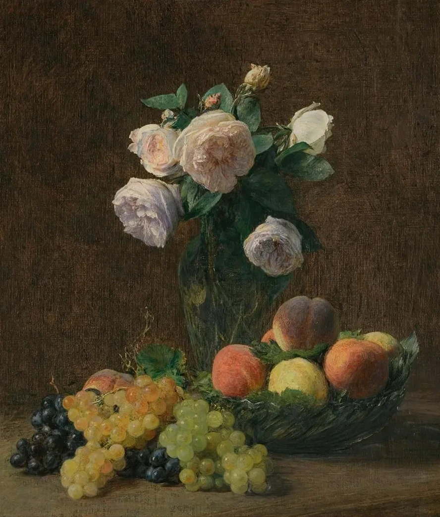 Nature Morte Vase De Roses, P ches Et Raisins