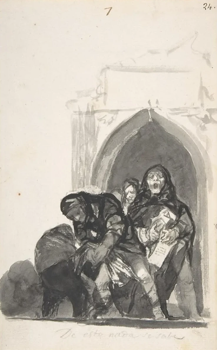 Nothing Is Known of This Two Figures Picking Up a Body in Front of a Church, a Monk Singing Next to Them and a