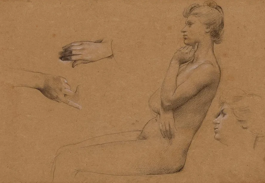 Nu de Femme Assise, et Tude de Mains et de Visage