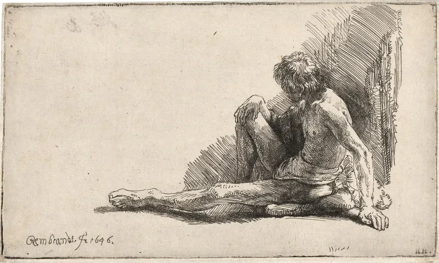 Nude Man Seated on the Ground with One Leg Extended