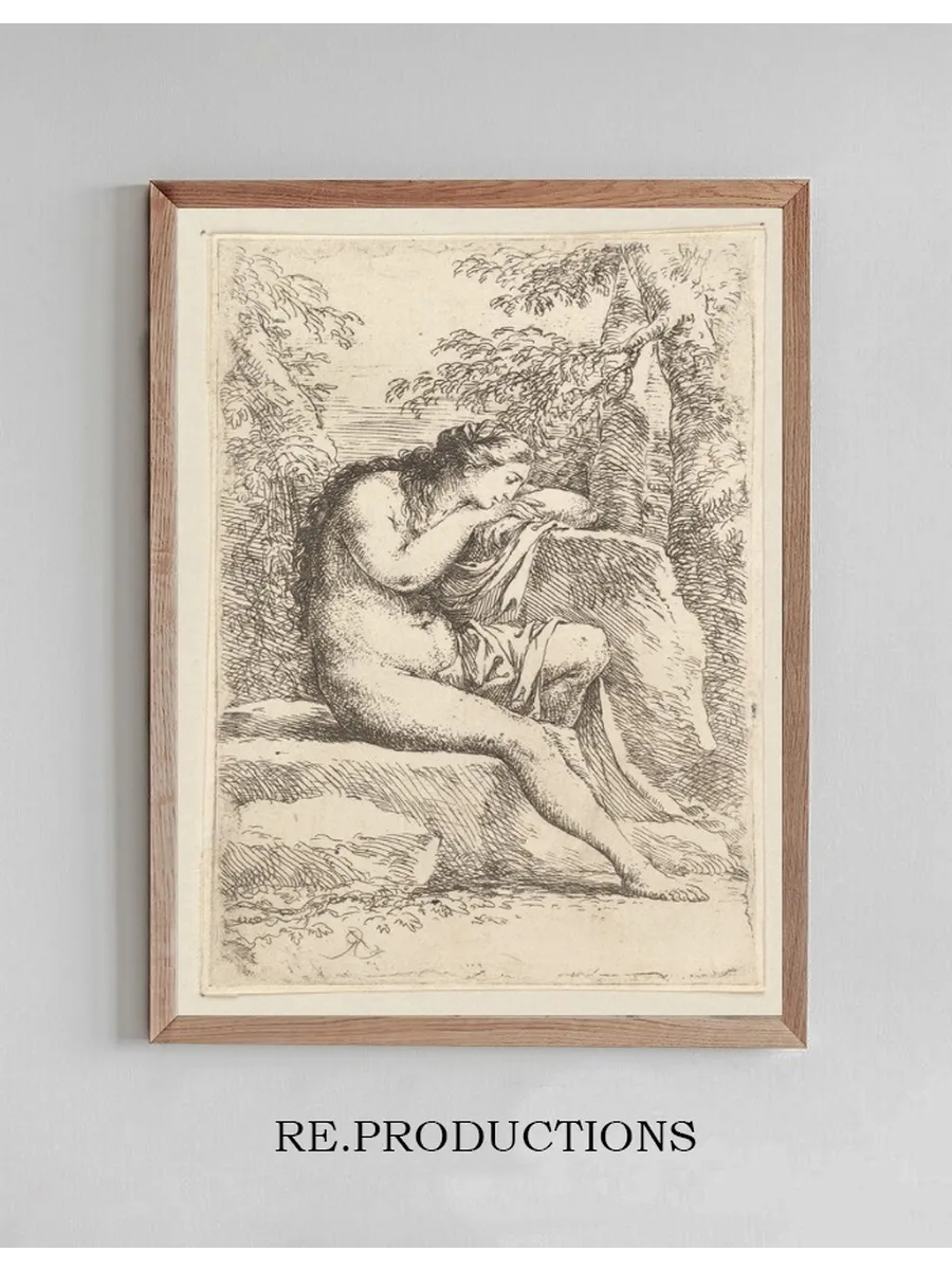 Nude in Contemplation, Seated on a Rocky Ledge