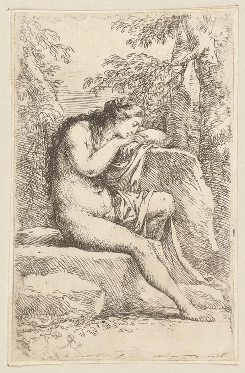 Nude in Contemplation, Seated on a Rocky Ledge