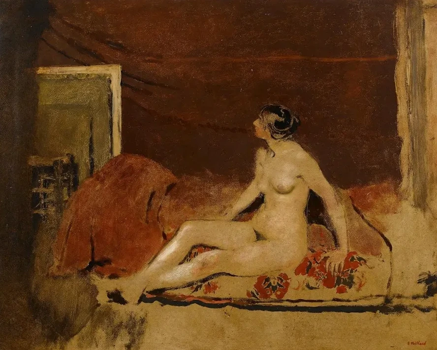Nude on a Blanket with a Red Floral Pattern