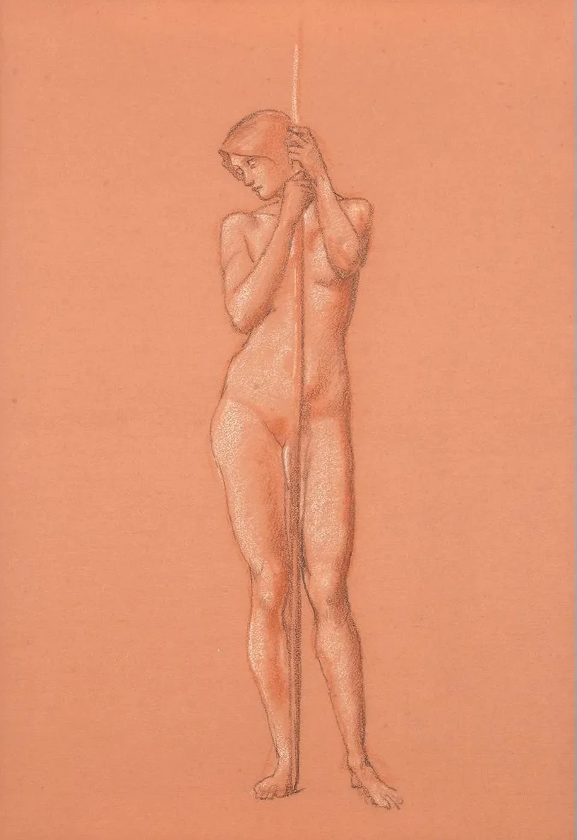 Nude Study for Attendant Figure Holding a Spear in the Sleep of Arthur in Avalon