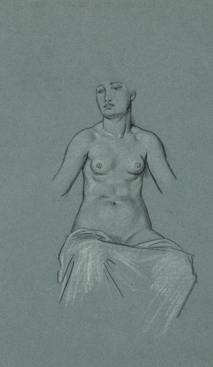 Nude Woman, Seated, with Sheet Draped Over Her Legs