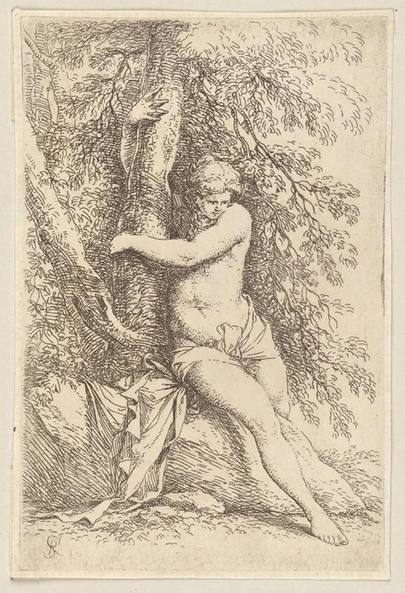 Nude, Seated, Holding Onto a Tree