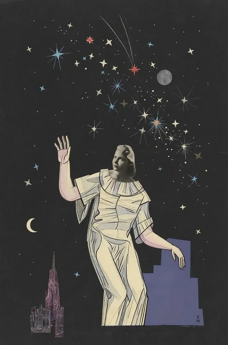 Ohne Titel (Collage, Frau, Gestirne, Stephansdom)