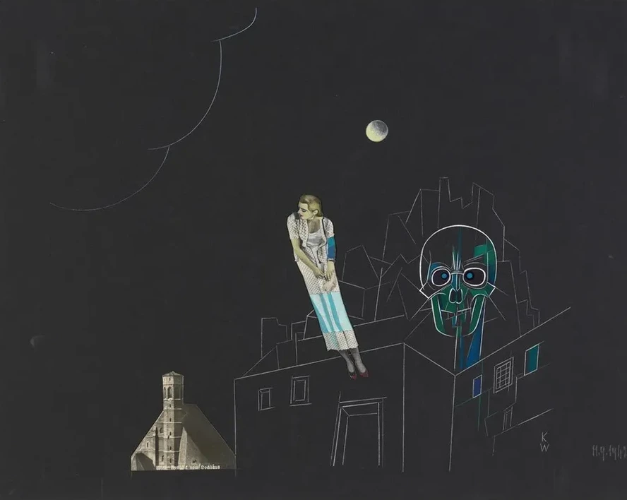 Ohne Titel (Collage, Frau, Mond und Totenkopf)