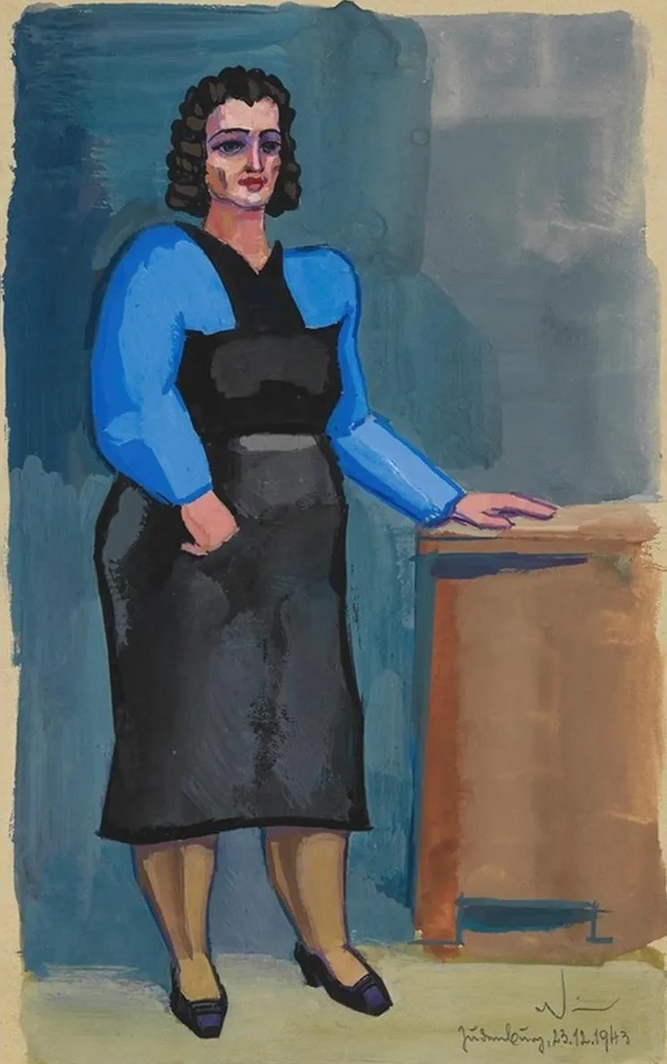 Ohne Titel (frau in Blauer Bluse Und Schwarzem Kleid)