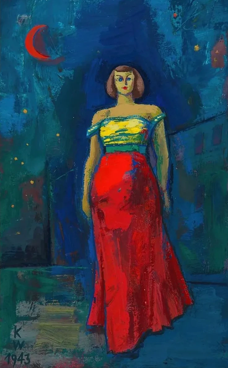 Ohne Titel (Frau in gelb - rotem Kleid)