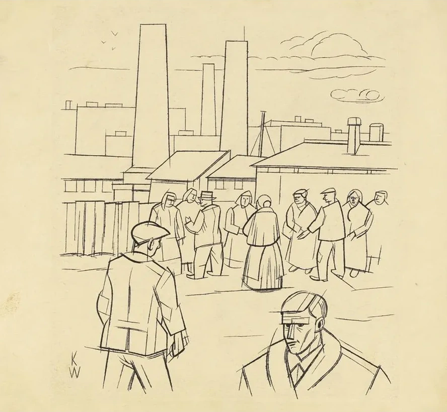 Ohne Titel (Menschen vor einer Fabrik)