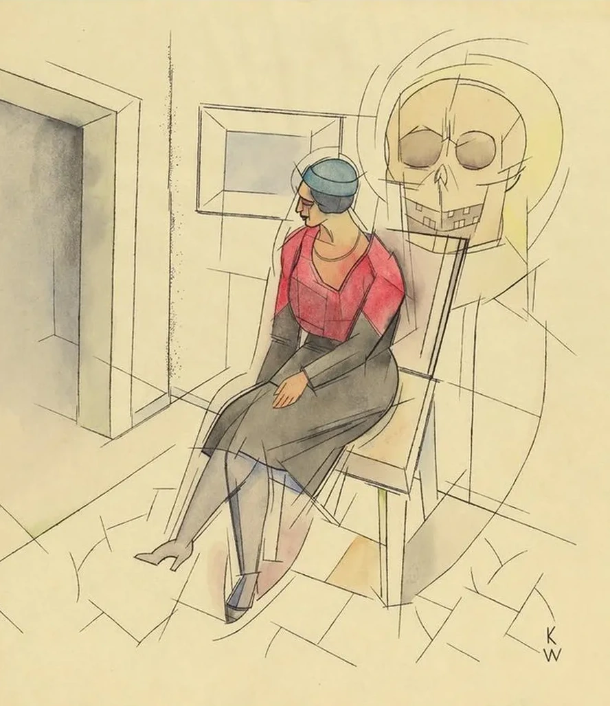 Ohne Titel (sitzende Frau, Totenkopf)