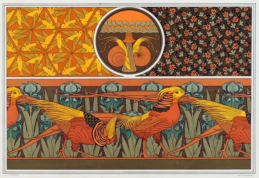 Oiseaux, Jeu de Fond. Escargots et Champignon. Coccinelles et Capillaires, Toffe. Faisan Dor's et Iris, Bordur