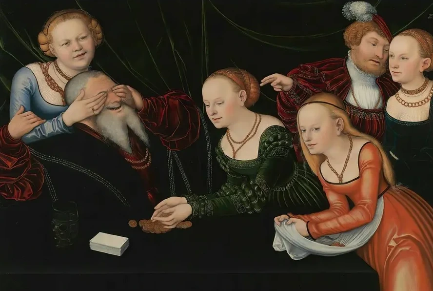 Old Man Beguiled By Courtesans