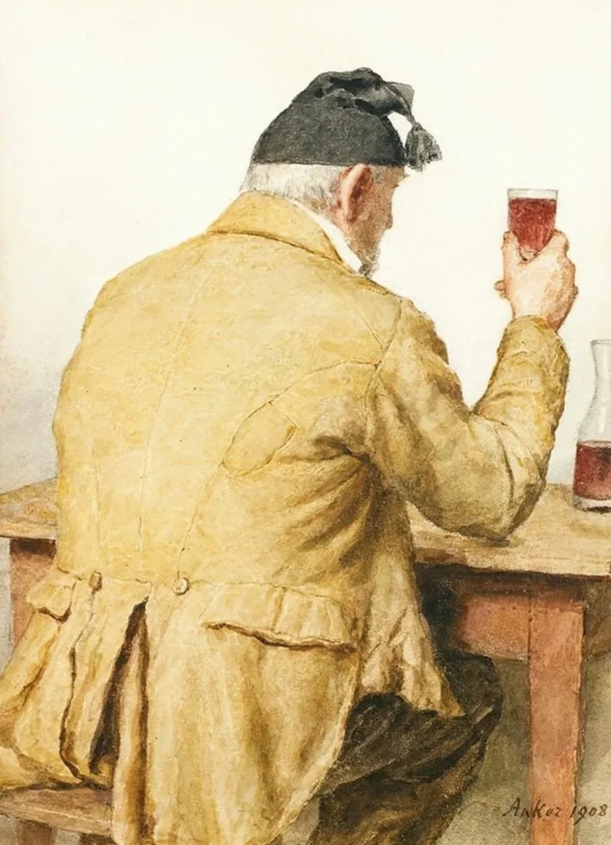 Old Man Sitting At Table, Shown From Behind