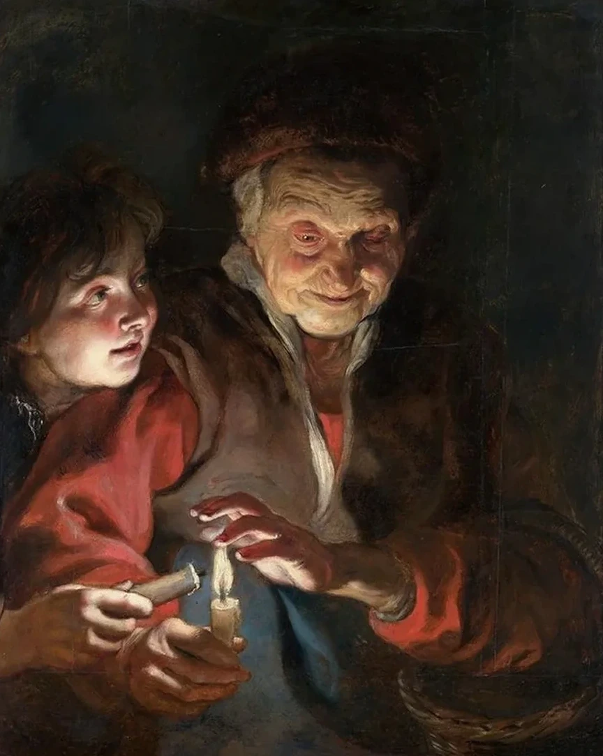Old Woman and Boy with Candles