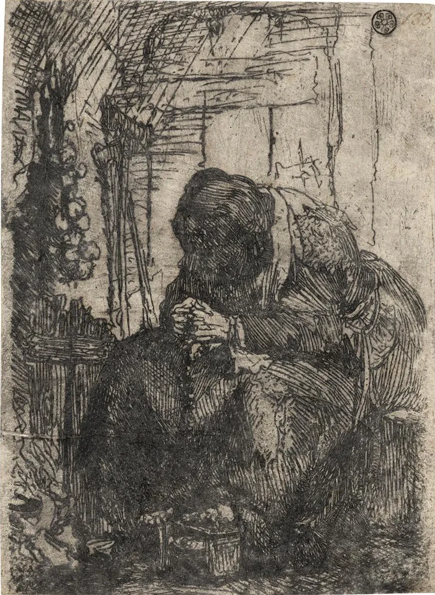 Old Woman Seated in a Cottage with a String of Onions on the Wall