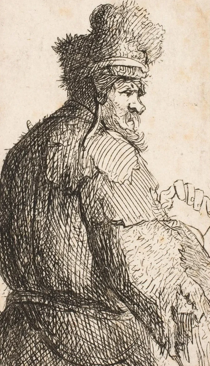 Old Man Seen from Behind Profile to Right Half Figure