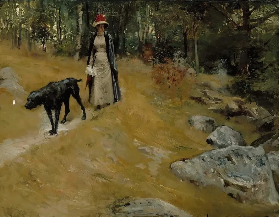 On The Shore Bank (Annie Edelfelt With A Dog)