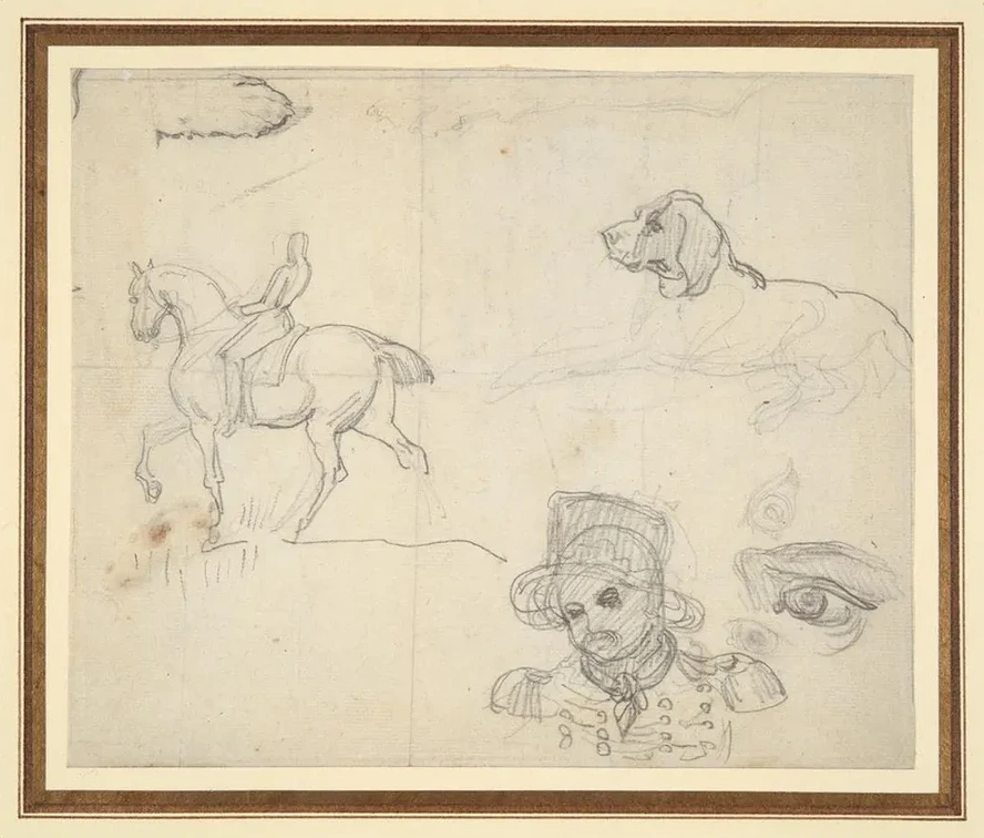 Page of Sketches (equestrian, Dog, Soldier Shead)