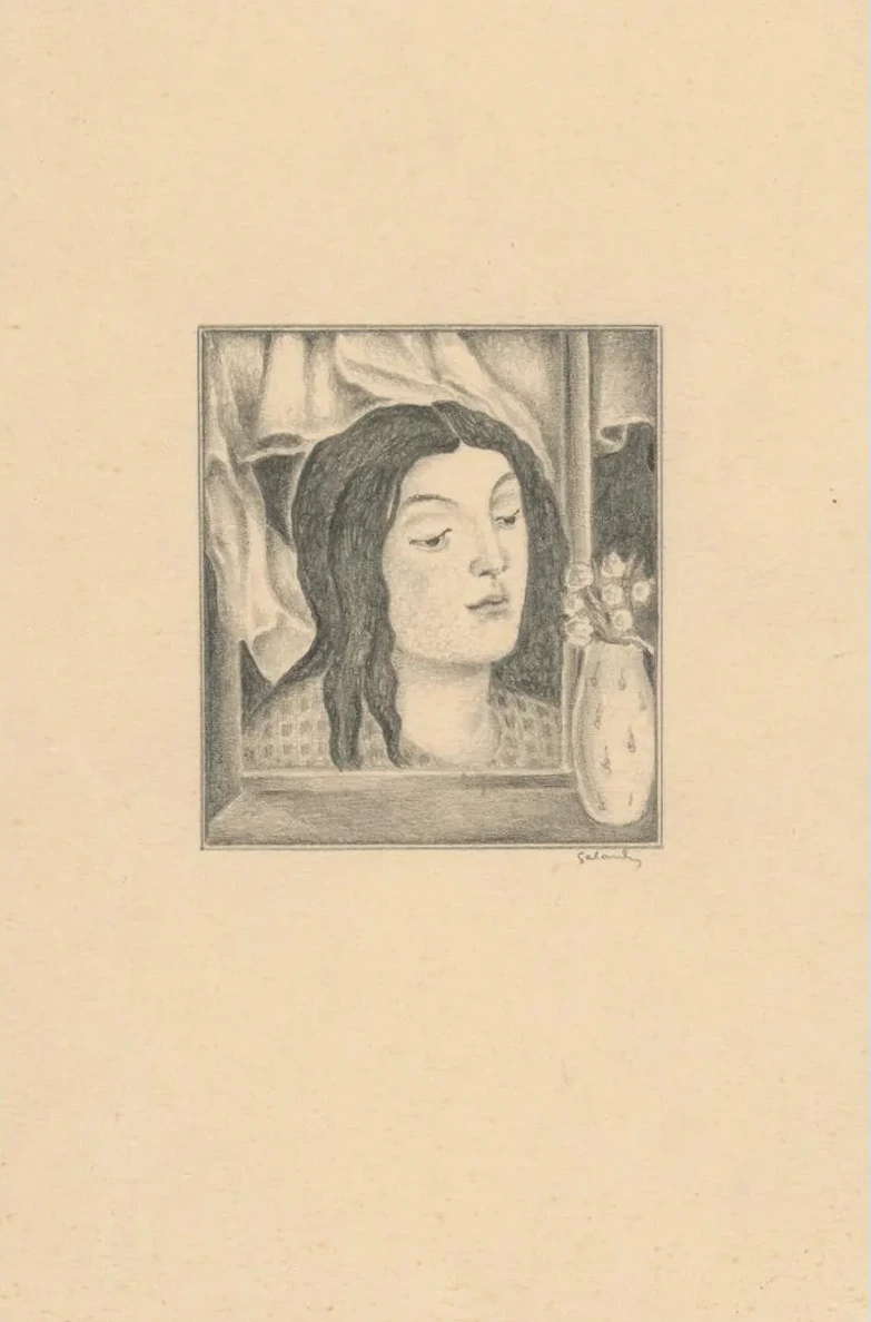 Painting of a Woman with Long Hair, Vase and Flowers