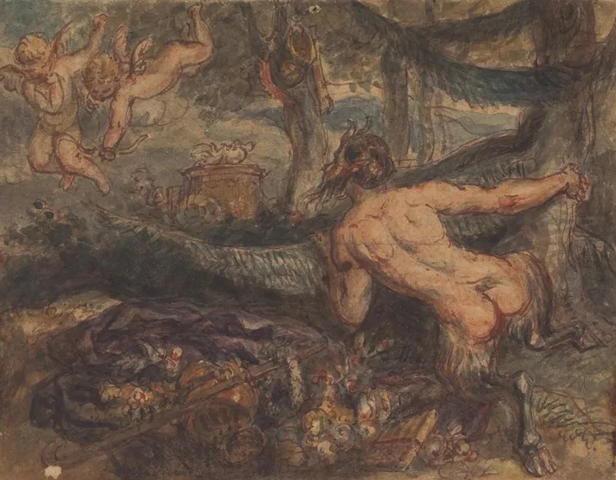 Pan, Spying, From Behind a Tree, at Putti, Shooting Arrows