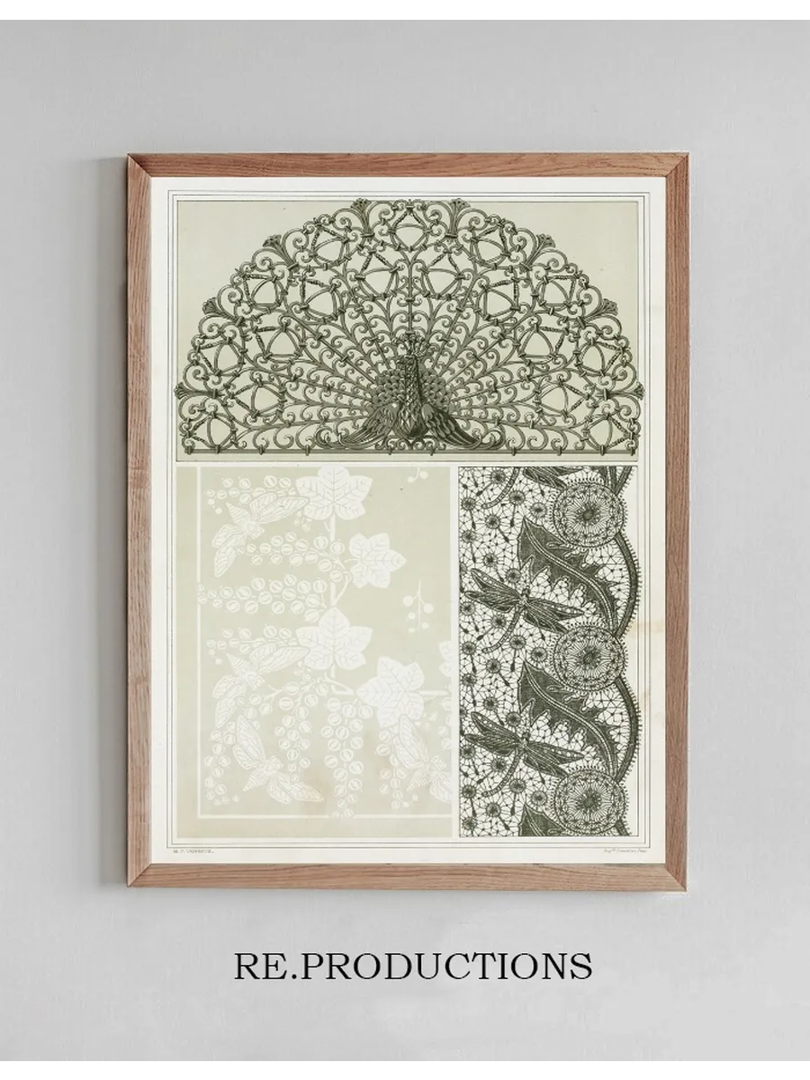 Paon, Grille Fer Forg. Cigales et Groseiller, Linge Damass. Libellules et Pissenlit, Dentelle