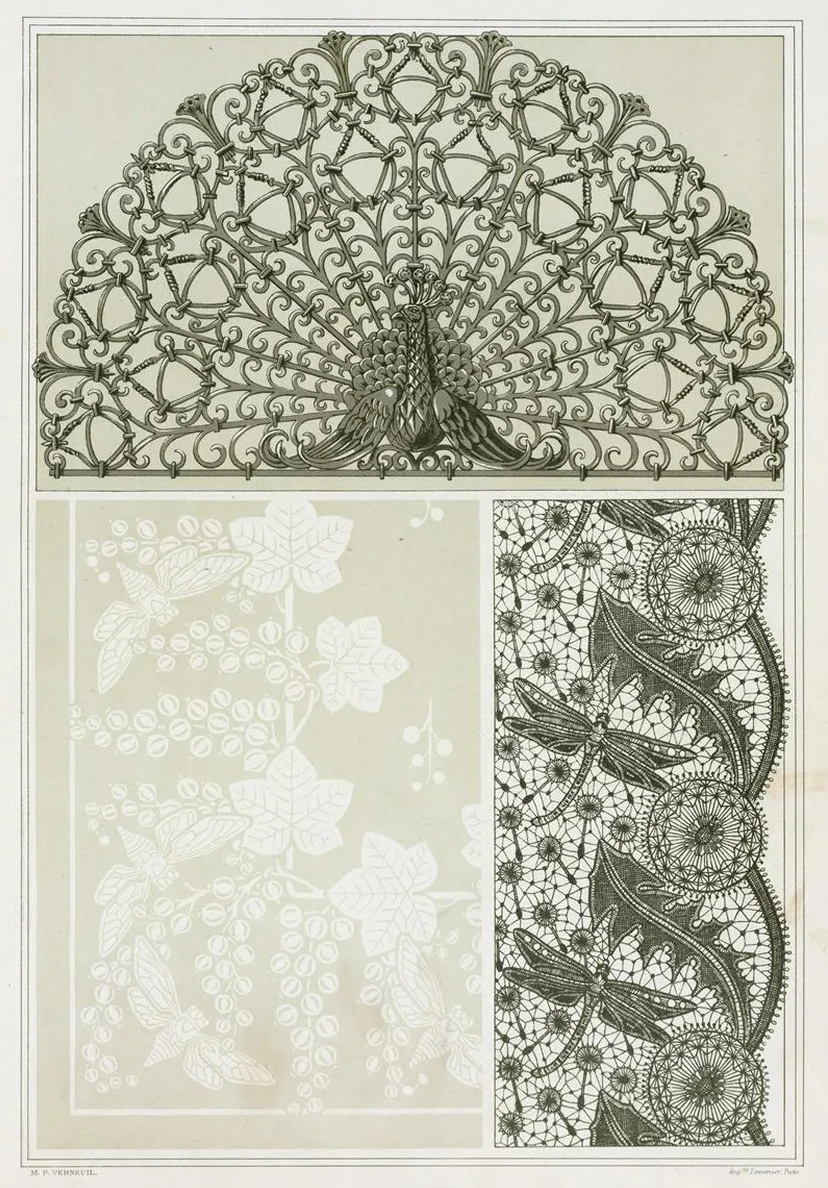 Paon, Grille Fer Forg. Cigales et Groseiller, Linge Damass. Libellules et Pissenlit, Dentelle