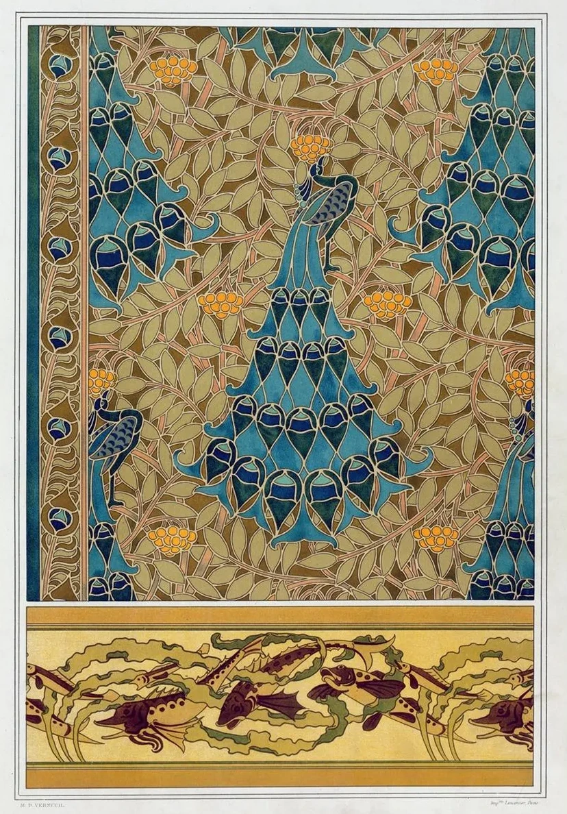 Paons Dans les Sorbiers, Pochoir Poissons et Algues, Bordure