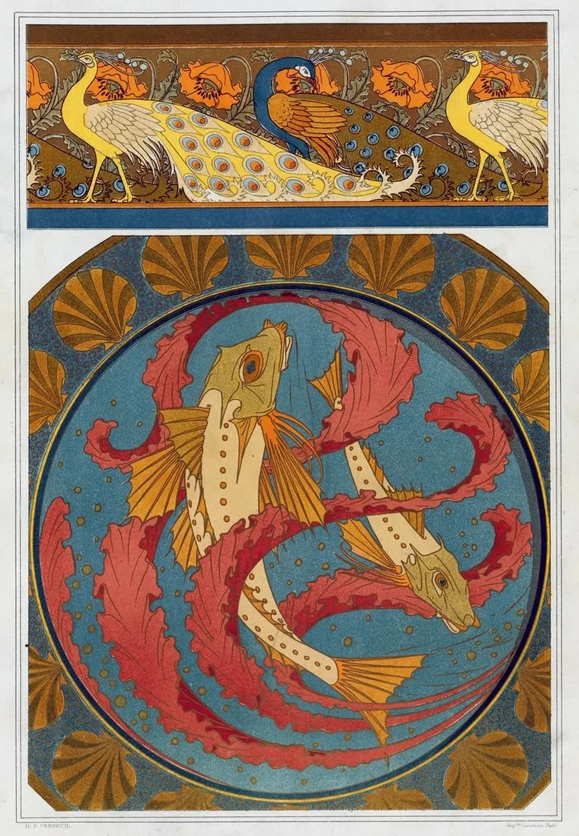 Paons et Pavots, Bordure. Grondins, Algues et Coquilles, Plat En Mail Cloisonn