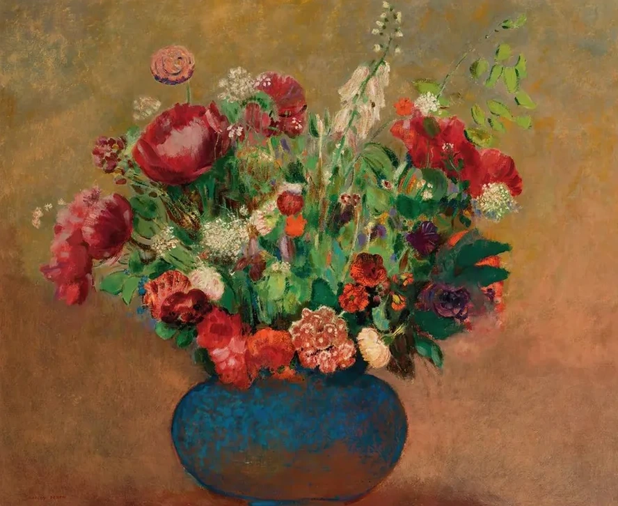 Pavots Et Oeillets De Po te Dans Un Vase Bleu