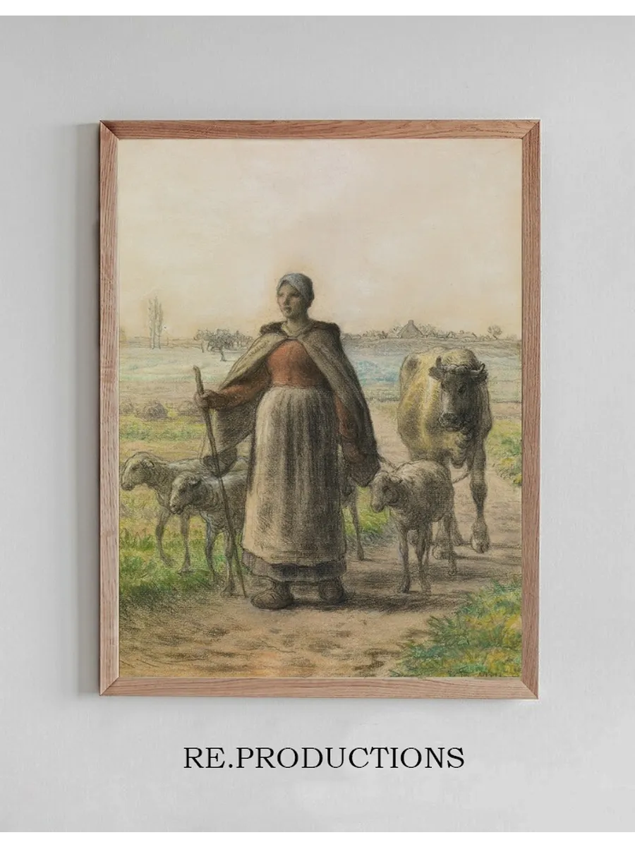 Paysanne Conduisant Aux Champs Sa Vache Et Ses Moutons