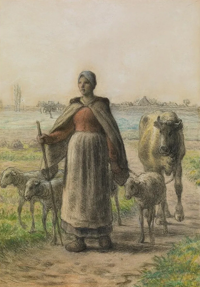 Paysanne Conduisant Aux Champs Sa Vache Et Ses Moutons