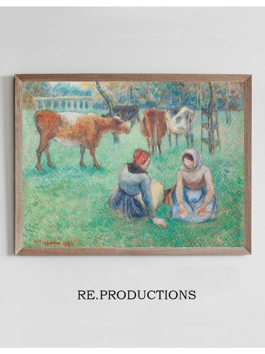 Paysannes Assises Gardant Des Vaches