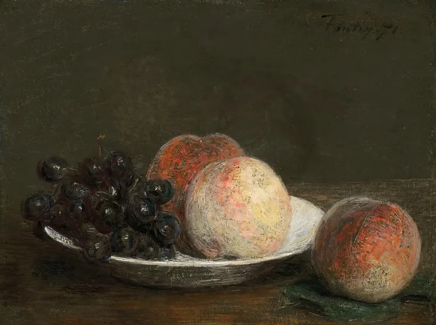 Peaches and Grapes in a Porcelain Bowl