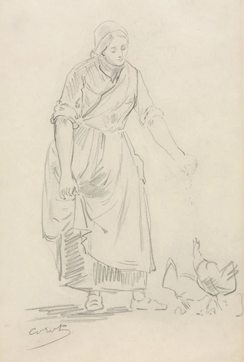 Peasant Girl Feeding Chickens