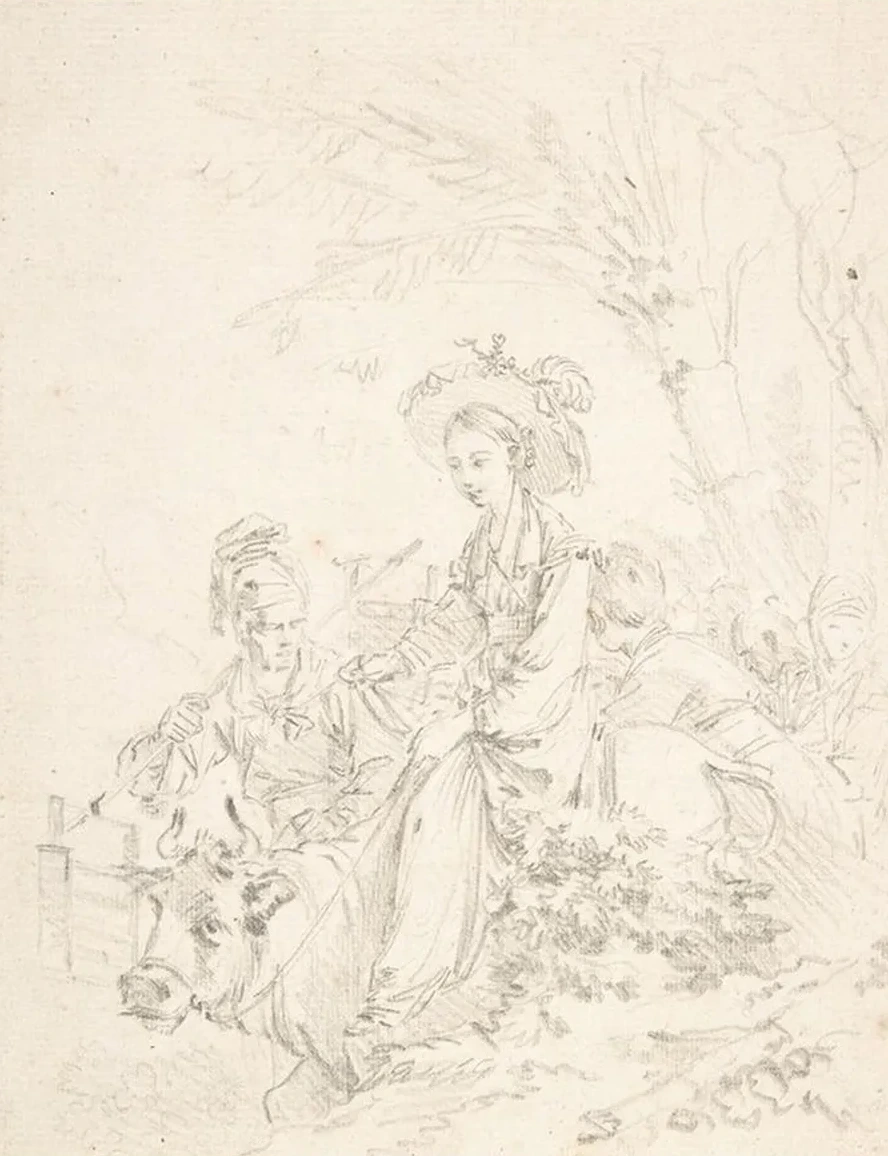Peasant Girl Riding an Ox with Companions