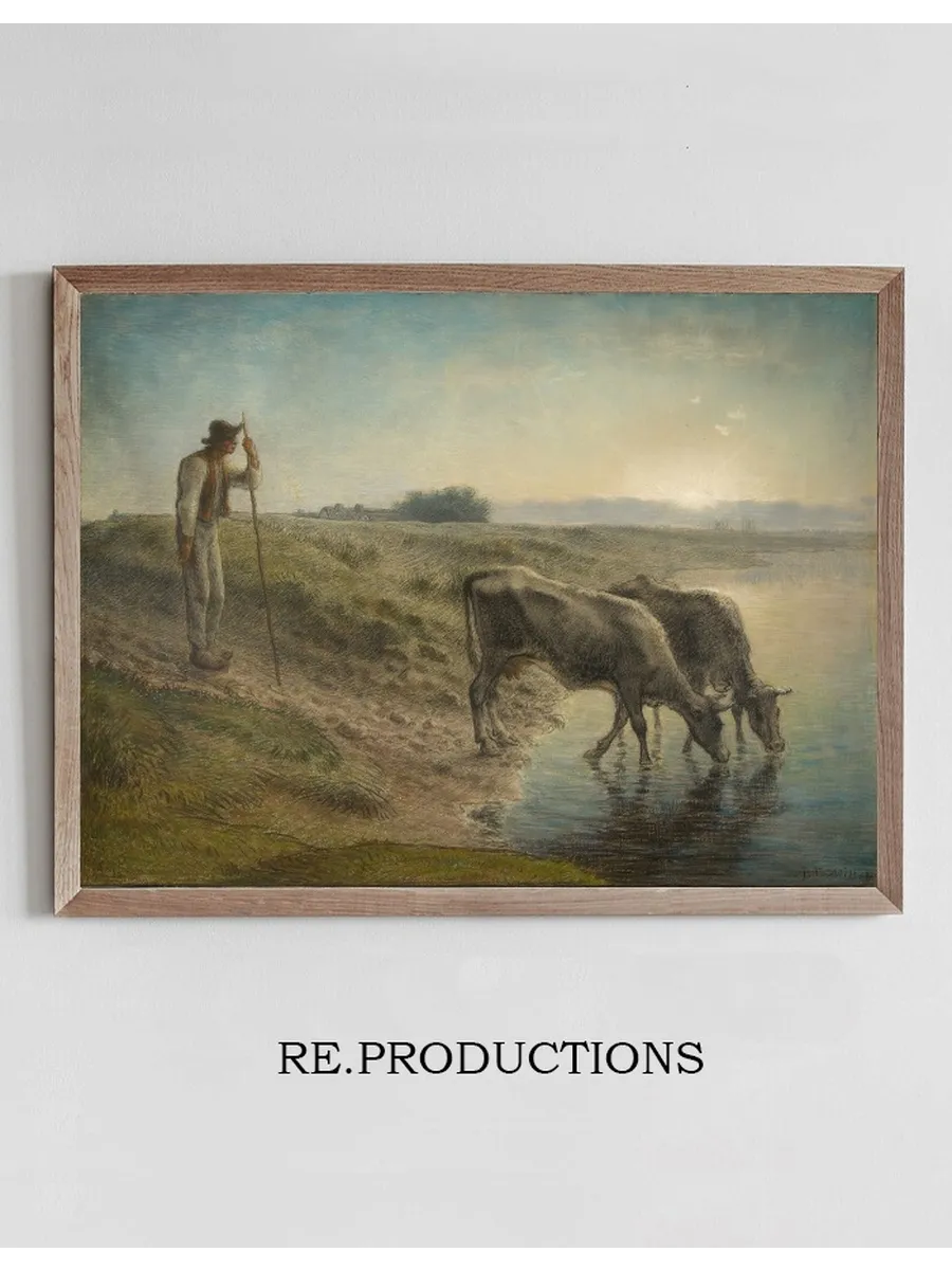 Peasant Watering His Cows on the Bank of the Allier River,dusk