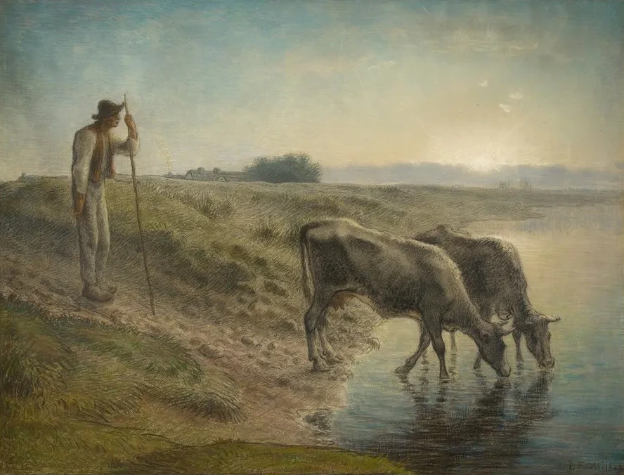 Peasant Watering His Cows on the Bank of the Allier River,dusk