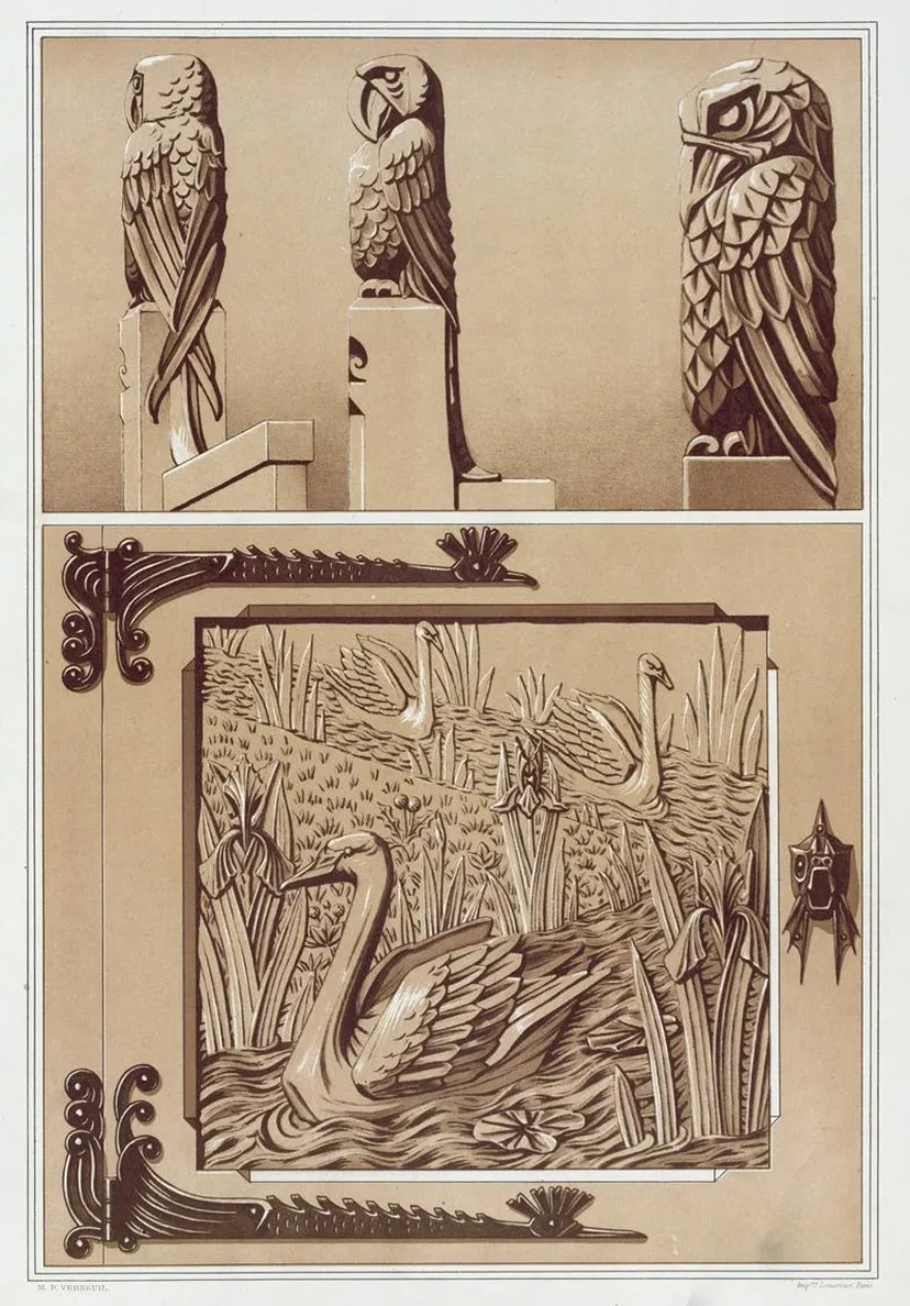 Perroquets, Aigle, Bois Sculpt. Cygnes et Iris, Porte En Bois Sculpt