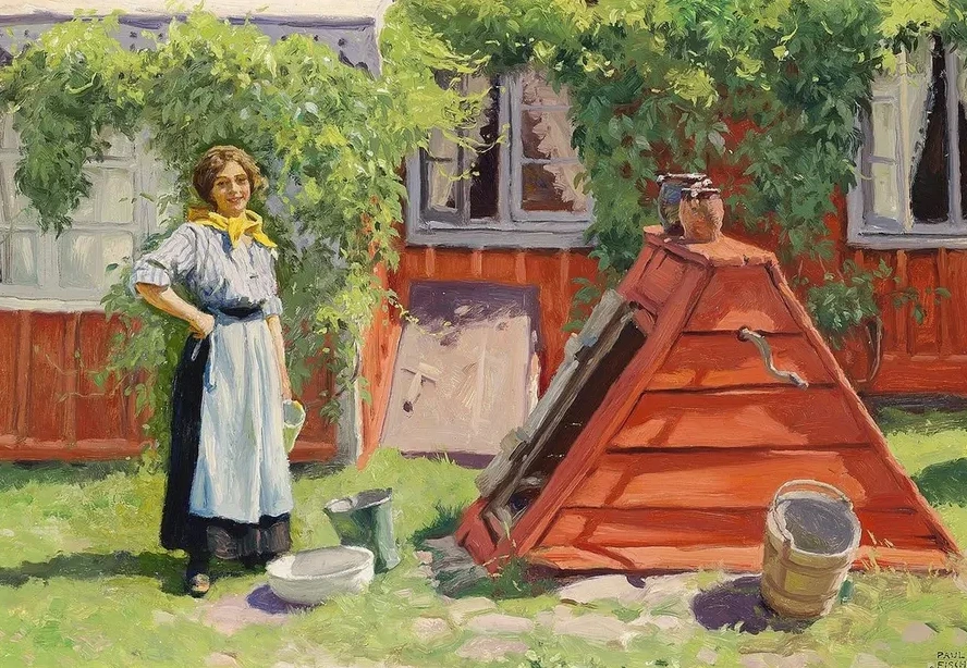 Pige Ved En Br Nd Ud for et R Dmalet Svensk Tr Hus