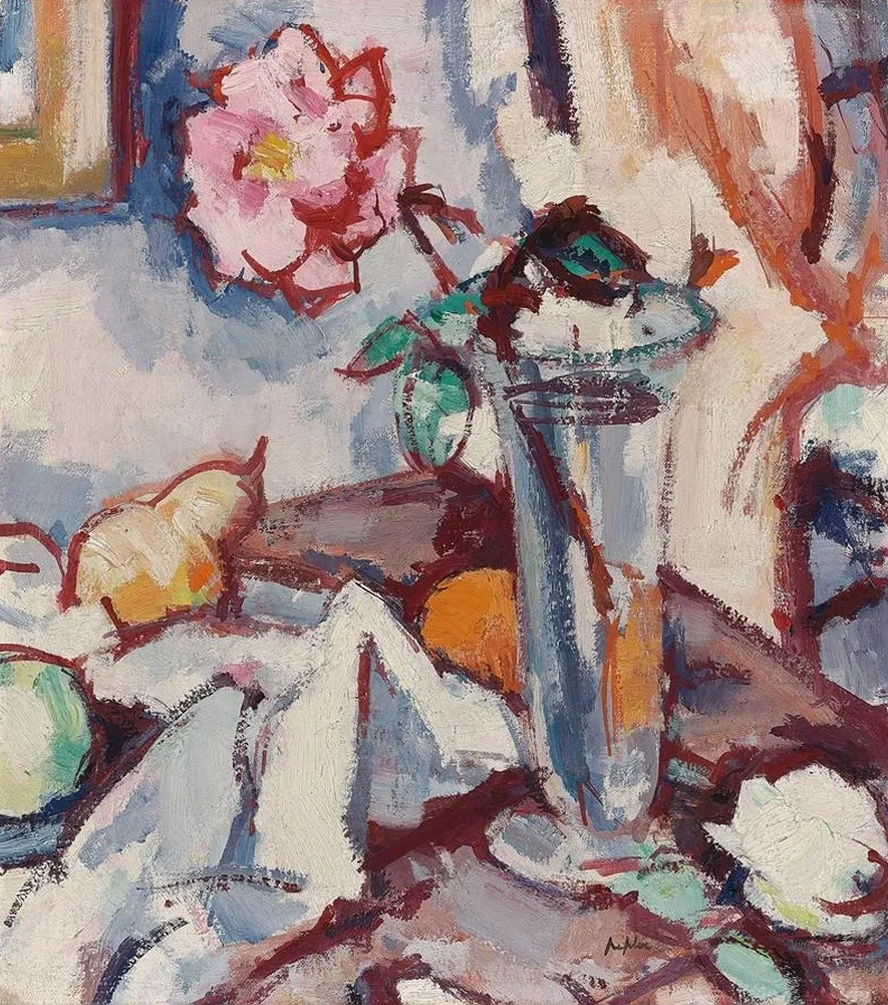 Pink Rose in a Glass Vase with Fruit