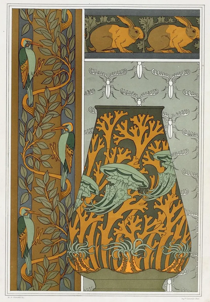 Piverts et Arbre, Bordure Verticale. Lapins et Feuilles, Bordure. M Duses, an Mones de Mer et Algues, Vase. in